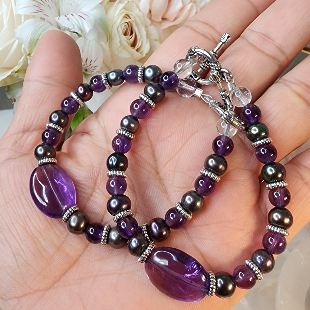 Gemmy Amethyst and Peacock Freshwater Pearls bracelet.